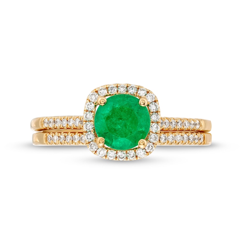 Main Image 4 of 6.0mm Emerald and 1/4 CT. T.W. Diamond Cushion Frame Bridal Set in 14K Gold