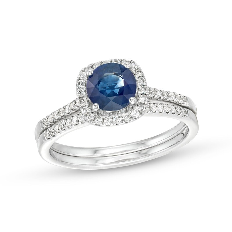 Main Image 1 of 6.0mm Blue Sapphire and 1/4 CT. T.W. Diamond Cushion Frame Bridal Set in 14K White Gold