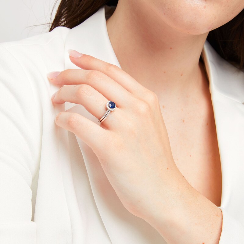 Main Image 2 of 6.0mm Blue Sapphire and 1/4 CT. T.W. Diamond Cushion Frame Bridal Set in 14K White Gold