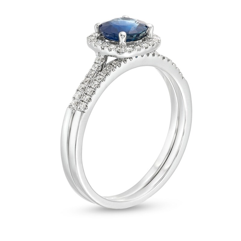 Main Image 3 of 6.0mm Blue Sapphire and 1/4 CT. T.W. Diamond Cushion Frame Bridal Set in 14K White Gold
