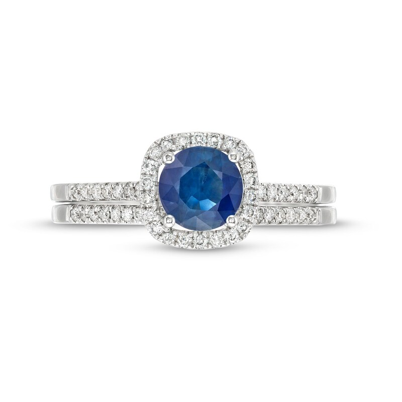 Main Image 4 of 6.0mm Blue Sapphire and 1/4 CT. T.W. Diamond Cushion Frame Bridal Set in 14K White Gold