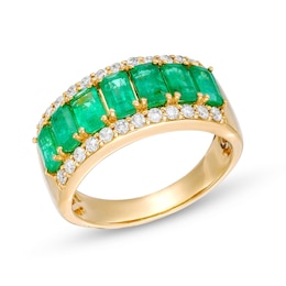 Emerald-Cut Emerald and 1/3 CT. T.W. Diamond Edge Seven Stone Band in 14K Gold