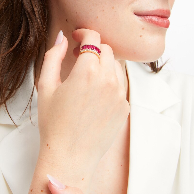 Main Image 2 of Emerald-Cut Ruby and 1/4 CT. T.W. Diamond Edge Seven Stone Band in 14K Gold