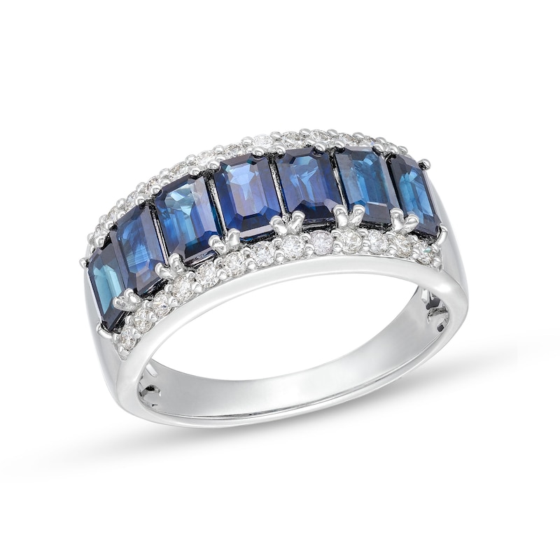 Main Image 1 of Emerald-Cut Blue Sapphire and 1/3 CT. T.W. Diamond Edge Seven Stone Band in 14K White Gold
