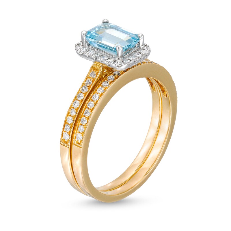 Emerald-Cut Aquamarine and 1/4 CT. T.W. Diamond Frame Vintage-Style Bridal Set in 14K Gold