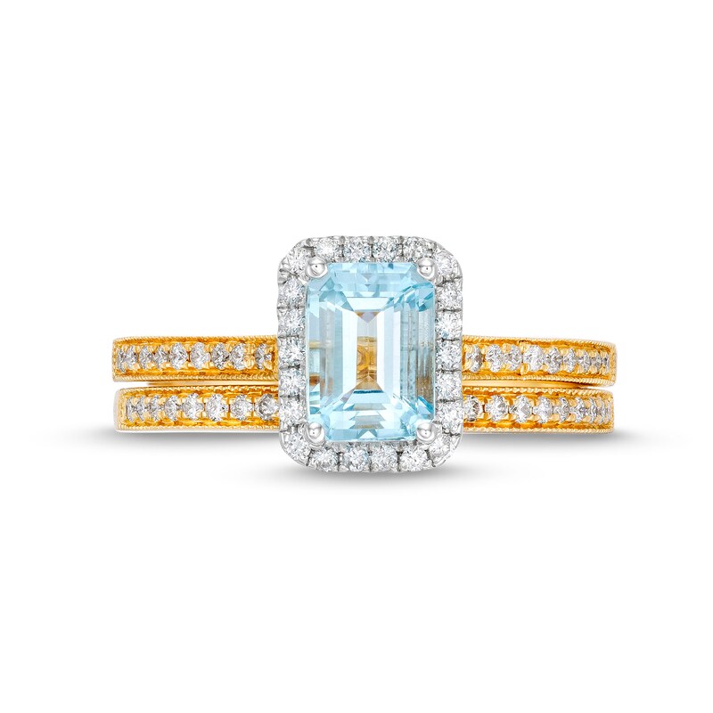 Emerald-Cut Aquamarine and 1/4 CT. T.W. Diamond Frame Vintage-Style Bridal Set in 14K Gold