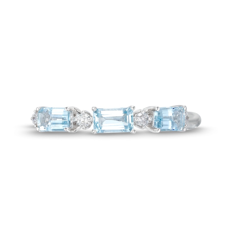 Main Image 4 of Sideways Emerald-Cut Aquamarine and 1/15 CT. T.W. Diamond Station Three Stone Ring in 14K White Gold