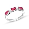 Thumbnail Image 1 of Sideways Emerald-Cut Ruby and 1/15 CT. T.W. Diamond Station Three Stone Ring in 14K White Gold