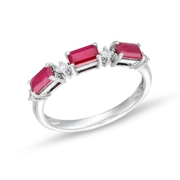 Sideways Emerald-Cut Ruby and 1/15 CT. T.W. Diamond Station Three Stone Ring in 14K White Gold
