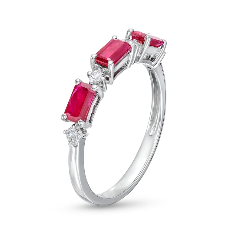 Main Image 3 of Sideways Emerald-Cut Ruby and 1/15 CT. T.W. Diamond Station Three Stone Ring in 14K White Gold