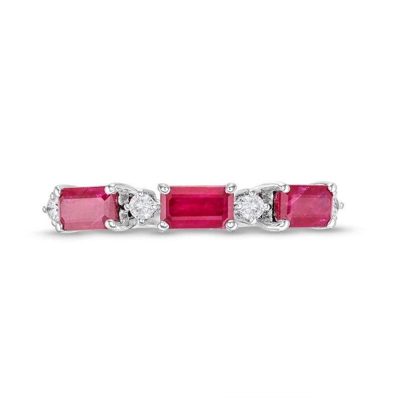 Main Image 4 of Sideways Emerald-Cut Ruby and 1/15 CT. T.W. Diamond Station Three Stone Ring in 14K White Gold