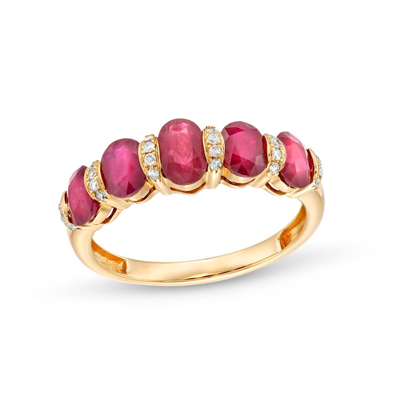 Oval Ruby and 1/8 CT. T.W. Diamond Collar Station Five Stone Ring in 14K Gold