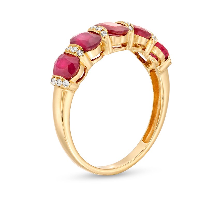 Oval Ruby and 1/8 CT. T.W. Diamond Collar Station Five Stone Ring in 14K Gold