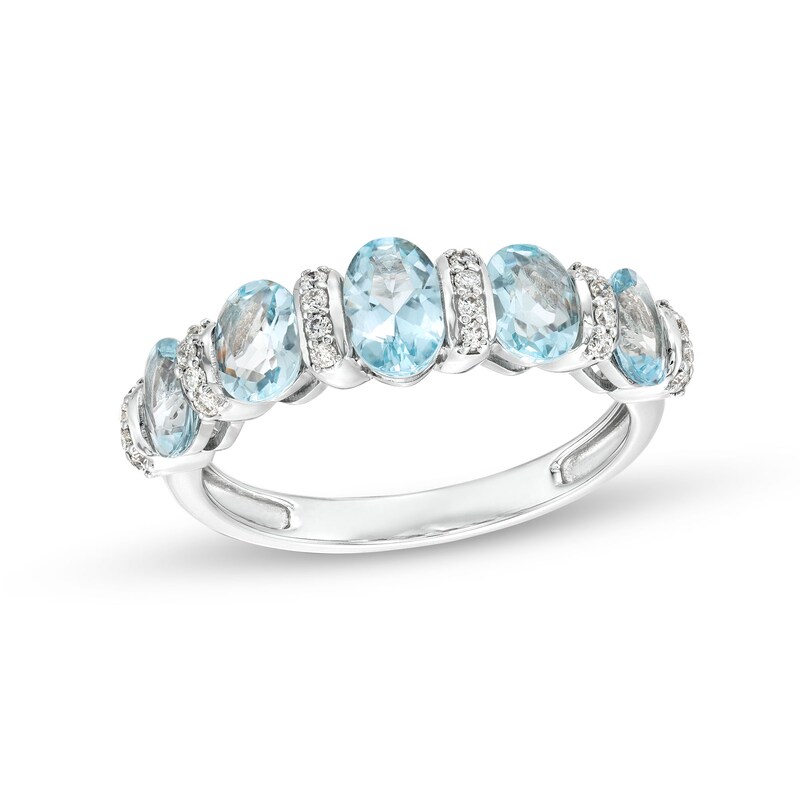 Main Image 1 of Oval Aquamarine and 1/8 CT. T.W. Diamond Collar Station Five Stone Ring in 14K White Gold
