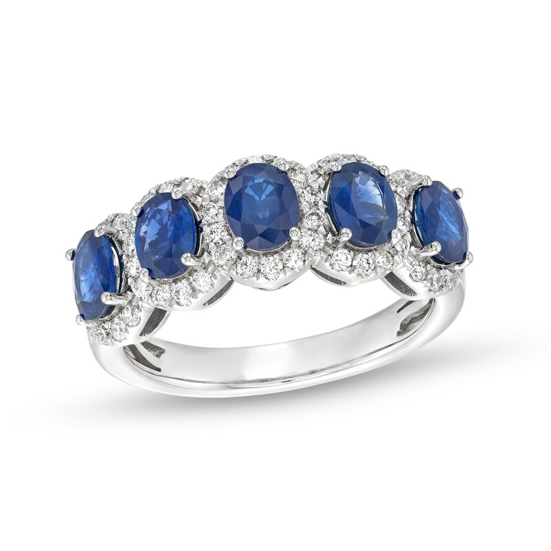 Main Image 1 of Oval Blue Sapphire and 3/8 CT. T.W. Diamond Frame Five Stone Ring in 14K White Gold