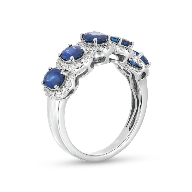 Main Image 3 of Oval Blue Sapphire and 3/8 CT. T.W. Diamond Frame Five Stone Ring in 14K White Gold