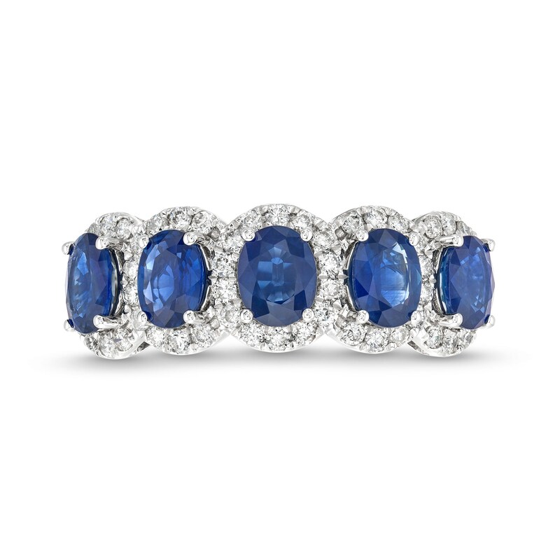 Main Image 4 of Oval Blue Sapphire and 3/8 CT. T.W. Diamond Frame Five Stone Ring in 14K White Gold