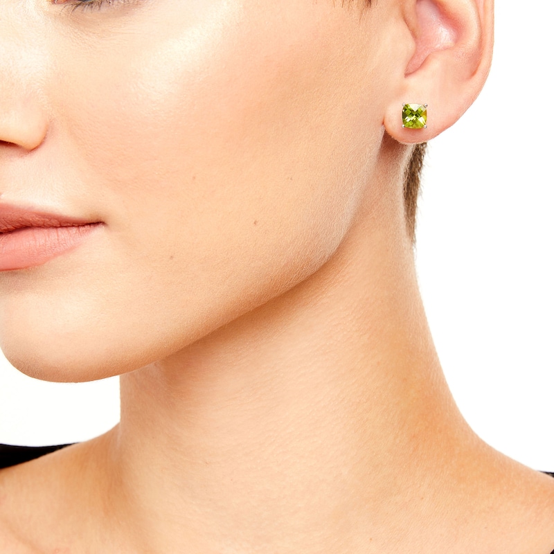 Main Image 2 of 7.0mm Faceted Cushion-Shaped Peridot Stud Earrings in Sterling Silver