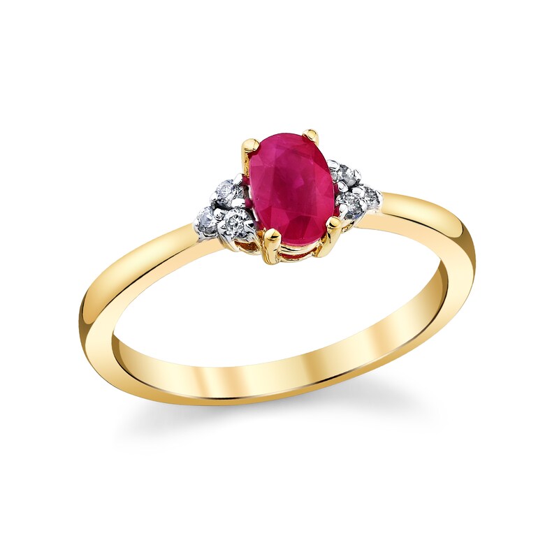 Main Image 1 of Oval Ruby and 1/10 CT. T.W. Diamond Tri-Sides Ring in 14K Gold