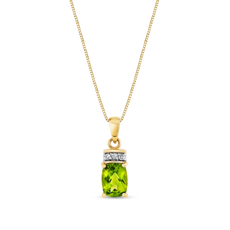 Main Image 1 of Elongated Cushion-Shaped Peridot and 1/20 CT. T.W. Diamond Collar Pendant in 14K Gold