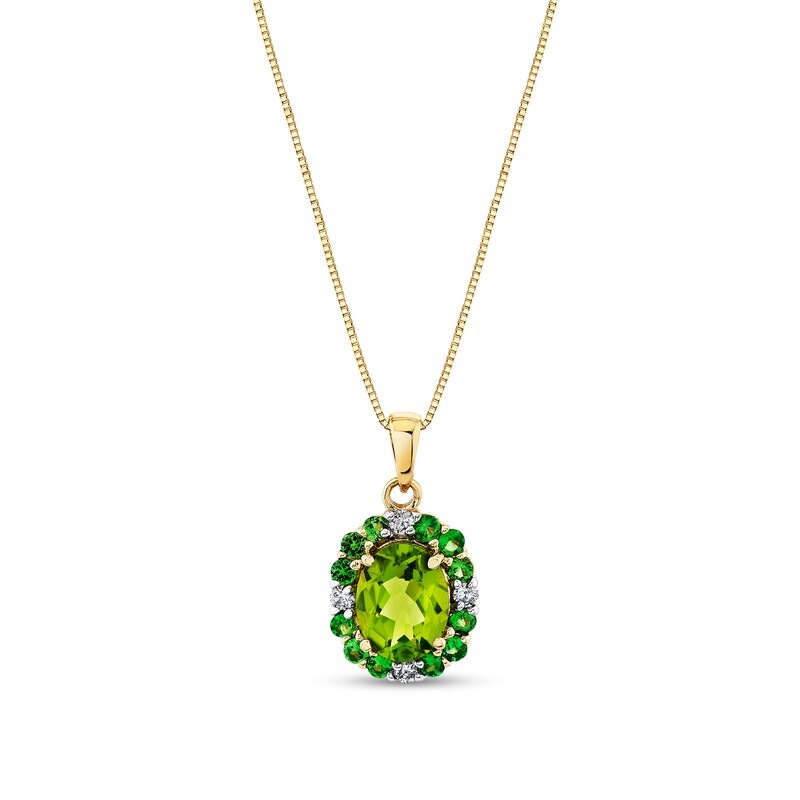 Main Image 1 of Oval Peridot, Tsavorite and 1/8 CT. T.W. Diamond Frame Pendant in 10K Gold