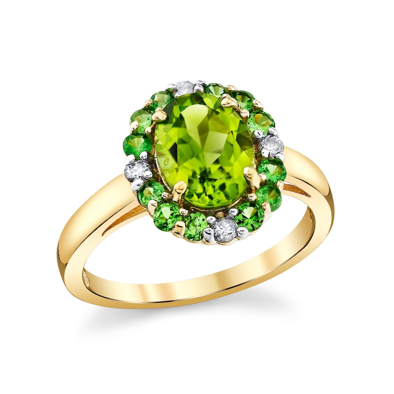 Main Image 1 of Oval Peridot, Tsavorite and 1/8 CT. T.W. Diamond Frame Ring in 10K Gold