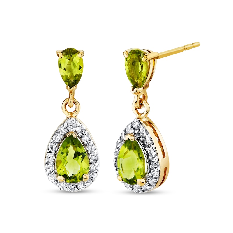 Main Image 1 of Pear-Shaped Peridot and 1/4 CT. T.W. Diamond Frame Dangle Drop Earrings in 14K Gold