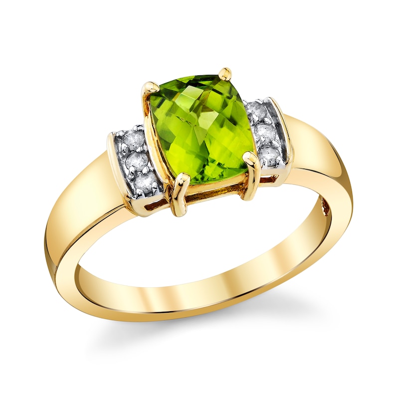 Main Image 1 of Elongated Cushion-Shaped Peridot and 1/10 CT. T.W. Diamond Collar Ring in 14K Gold