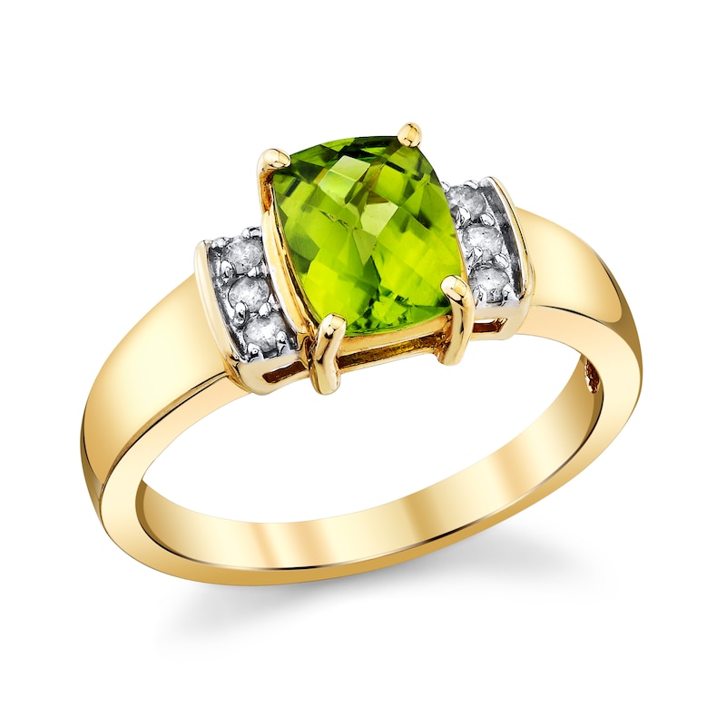 Elongated Cushion-Cut Peridot and 1/10 CT. T.W. Diamond Collar Ring in 14K Gold