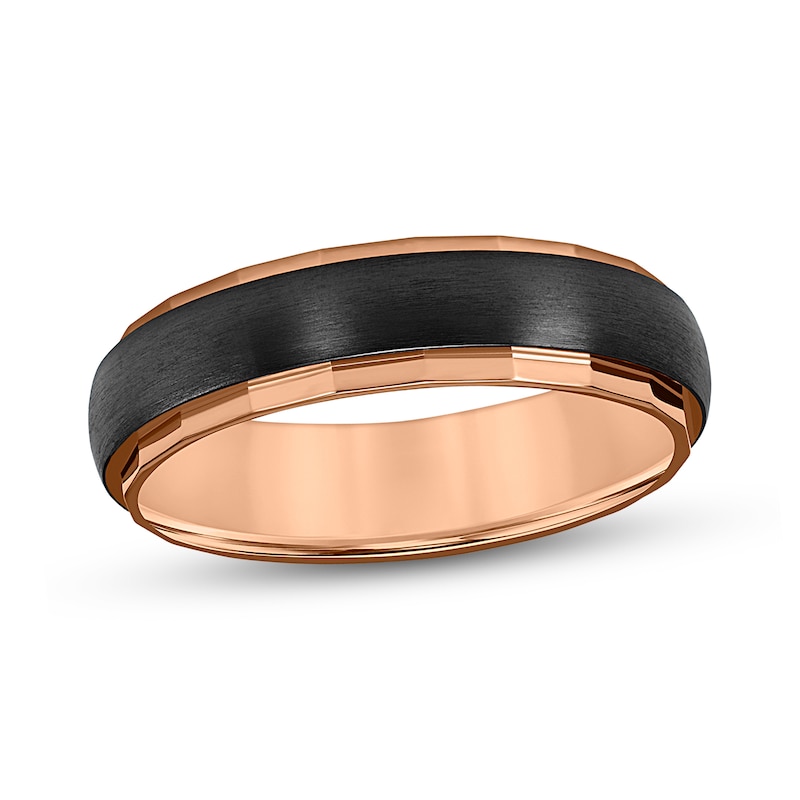 Main Image 1 of 6.0mm Faceted Edge Satin Textured Center Stripe Engravable Wedding Band in Two-Tone Titanium (1 Line)