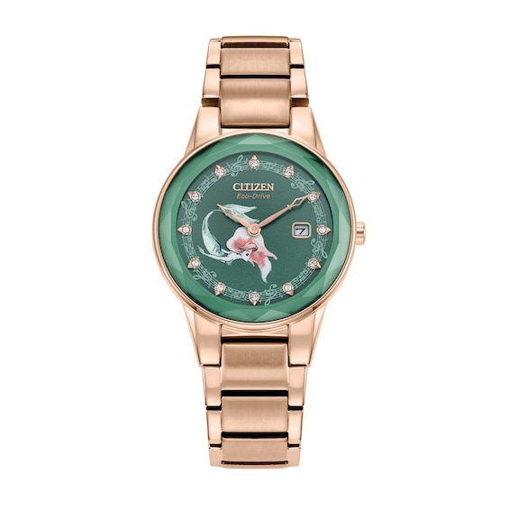 Ladies' Citizen Eco-DriveÂ® Disney Ariel Crystal Accent Rose-Tone Watch with Green Dial and Pin Set (Model: GA1073-63W)