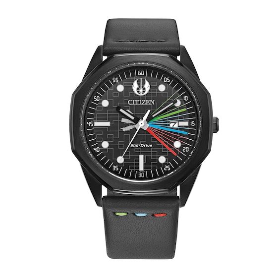 Men's Citizen Eco-Drive® Star Wars™ Lightsabers™ Black Leather Strap Watch with Black Dial (Model: BM7498-00W)