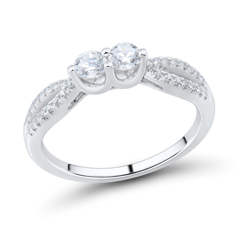 Main Image 1 of 1/2 CT. T.W. Diamond Toi et Moi Split Shank Ring in 14K White Gold (I/I2)