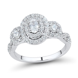 1 CT. T.W. Oval Diamond Frame Three Stone Twist Shank Engagement Ring in 14K White Gold (I/I1)