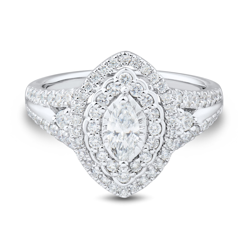 Main Image 3 of 1 CT. T.W. Marquise-Cut Diamond Scallop Frame Multi-Row Ring in 14K White Gold (I/I1)
