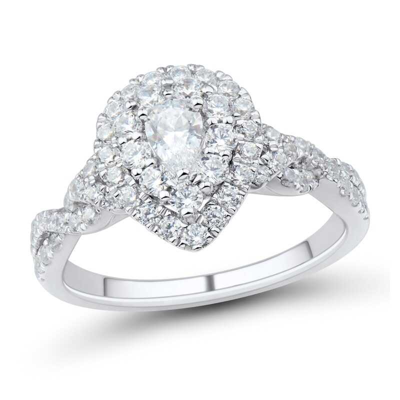Main Image 1 of 1-1/4 CT. T.W. Pear-Shaped Diamond Double Teardrop Frame Twist Shank Engagement Ring in 14K White Gold (I/I1)
