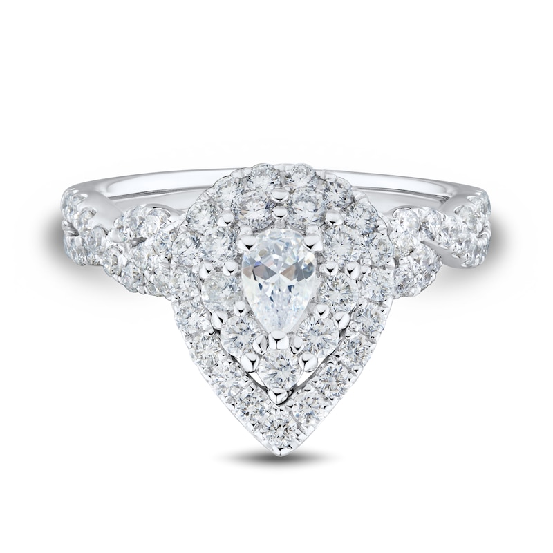 Main Image 3 of 1-1/4 CT. T.W. Pear-Shaped Diamond Double Teardrop Frame Twist Shank Engagement Ring in 14K White Gold (I/I1)