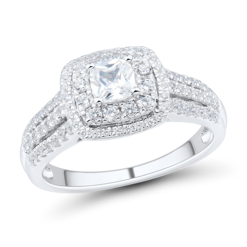 Main Image 1 of 1 CT. T.W. Cushion-Cut Diamond Double Frame Triple Row Engagement Ring in 14K White Gold (I/SI2)