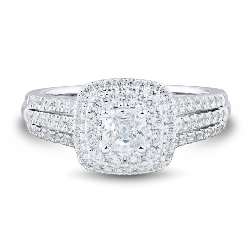 Main Image 3 of 1 CT. T.W. Cushion-Cut Diamond Double Frame Triple Row Engagement Ring in 14K White Gold (I/SI2)