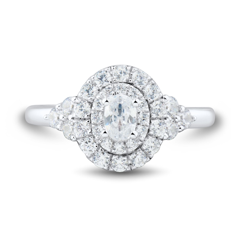 Main Image 3 of 1 CT. T.W. Oval Diamond Double Frame Tri-Sides Engagement Ring in 14K White Gold (I/I1)
