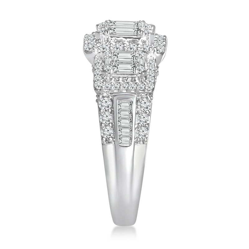 Main Image 2 of 1-1/2 CT. T.W. Baguette-Cut Multi-Diamond Frame Three Stone Engagement Ring in 14K White Gold