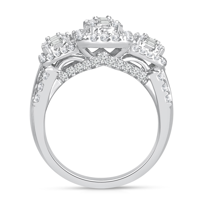 Main Image 3 of 1-1/2 CT. T.W. Baguette-Cut Multi-Diamond Frame Three Stone Engagement Ring in 14K White Gold