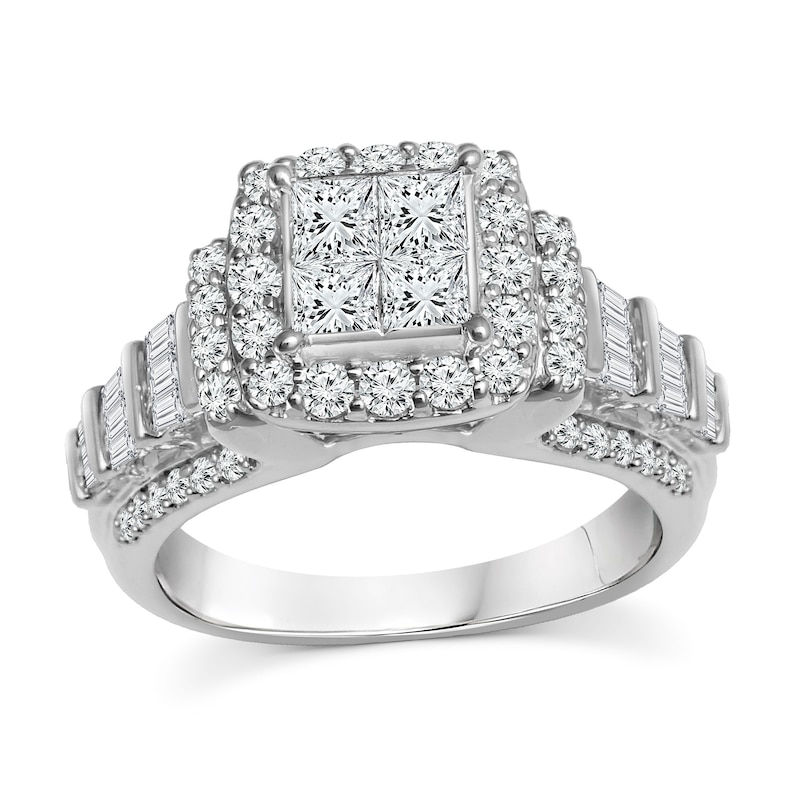 Main Image 1 of 1-3/4 CT. T.W. Quad Princess-Cut Diamond Frame Tiered Shank Engagement Ring in 14K White Gold
