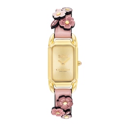 Ladies' Coach Cadie Gold-Tone IP Pink Leather Strap Watch with Rectangular Dial (Model: 14504191)