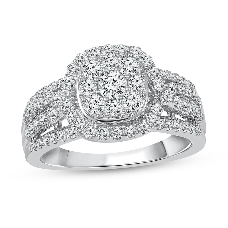 1 CT. T.W. Cushion Multi-Diamond Frame Split Shank Multi-Row Engagement Ring in 10K White Gold