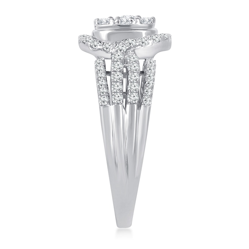1 CT. T.W. Cushion Multi-Diamond Frame Split Shank Multi-Row Engagement Ring in 10K White Gold