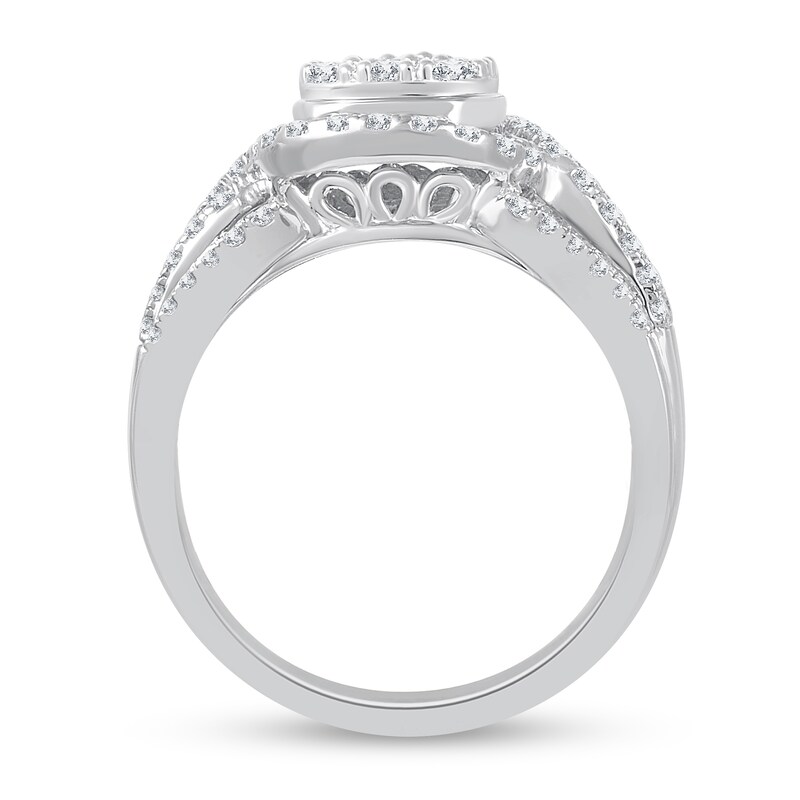 1 CT. T.W. Cushion Multi-Diamond Frame Split Shank Multi-Row Engagement Ring in 10K White Gold
