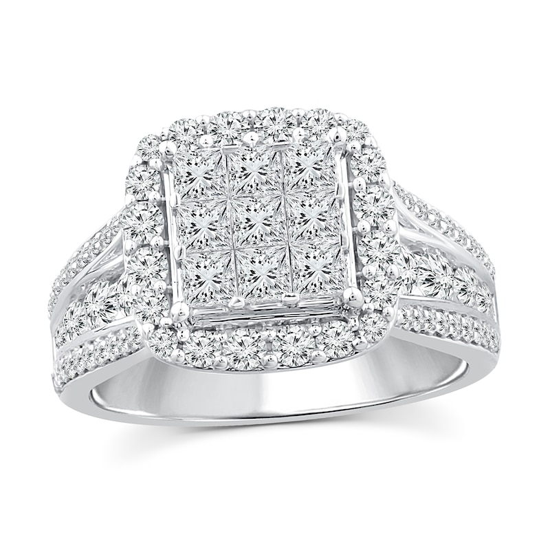 Main Image 1 of 2 CT. T.W. Princess Multi-Diamond Frame Triple Row Engagement Ring in 10K White Gold