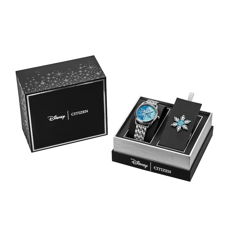 Main Image 1 of Ladies' Citizen Eco-Drive® Disney Frozen Crystal Accent Watch with Light Blue Dial and Pin Box Set (Model: FE7091-61W)