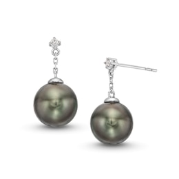 8.0-9.0mm Black Tahitian Cultured Pearl and 1/20 CT. T.W. Diamond Drop Earrings in 14K White Gold